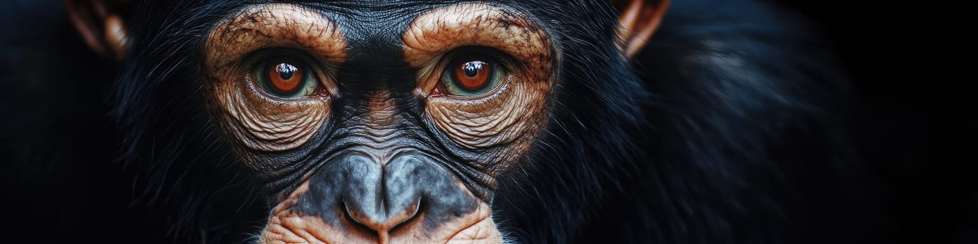 Close-up of primate face against dark background with intense gaze.