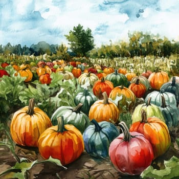 A variety of pumpkins in shades of orange, green, and yellow dot the ground in a lively field. The scene captures the essence of the autumn harvest