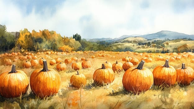 A variety of pumpkins in shades of orange, green, and yellow dot the ground in a lively field. The scene captures the essence of the autumn harvest