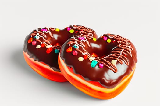 Two heart-shaped donuts coated in rich chocolate with colorful sprinkles, stacked on top of each other, casting a soft shadow on a white background.