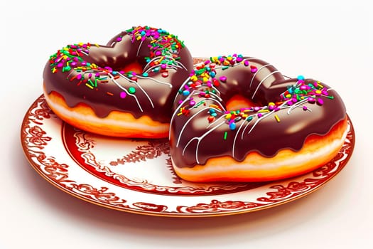Two heart-shaped donuts, coated in chocolate and colorful toppings, sit side by side on a beautifully decorated octagonal plate, reflecting light and casting a soft shadow.