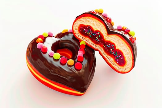 Two heart-shaped donuts, one sliced to reveal raspberry jam filling, covered in chocolate glaze with colorful sprinkles. Ideal for festive and sweet moments.