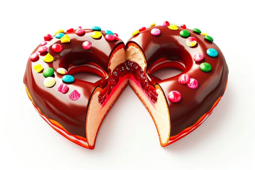 Two heart-shaped donuts sliced to reveal red currant jam, coated in chocolate with colorful toppings. A delicious and festive treat for special moments.