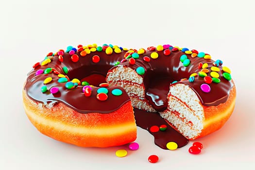 Two heart-shaped donuts, sliced to reveal red currant filling, covered in chocolate with colorful sprinkles. A perfect indulgence for festive occasions.