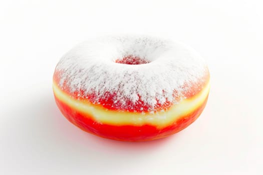 This freshly fried donut, shaped like a slightly flattened ball with a central hole, is beautifully dusted with powdered sugar. The donut boasts a golden-brown crust with a lighter band around the middle, making it a visually appealing delight.