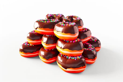 A towering stack of donuts covered in rich chocolate and colorful sprinkles, perfect for festive occasions and sweet gatherings. The donuts feature a central hole and a glossy finish.