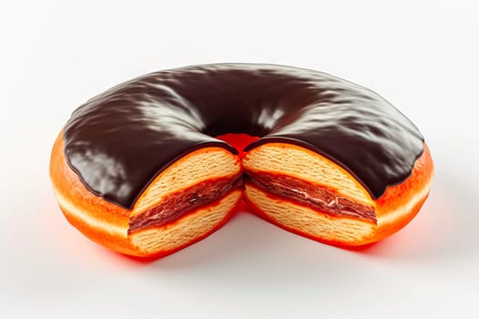 A fresh donut with a central hole, evenly sliced, and covered in glossy chocolate. A delightful, high-calorie treat, perfect for celebrations and bakery showcases.