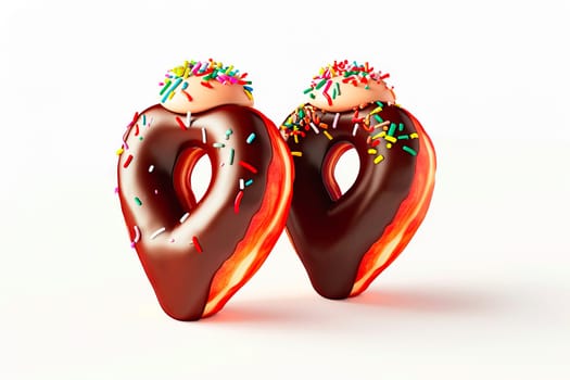 Delicious heart-shaped donuts, covered in shiny chocolate with colorful sprinkles, perfect for Valentine's Day or Fat Thursday. A sweet treat with a joyful and festive vibe.
