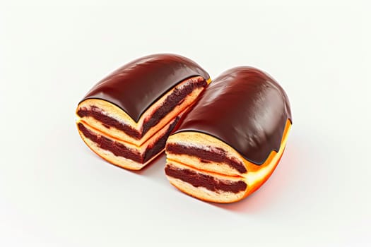 A fresh, elongated doughnut with a slightly flattened shape, topped with a glossy brown chocolate glaze and a lighter stripe of dough on the side. Sliced neatly in half, this doughnut reveals a luxurious double layer of liquid chocolate filling.