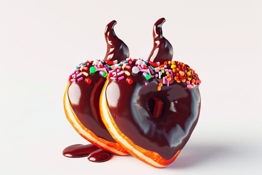 Two heart-shaped donuts, topped with a smooth chocolate glaze and colorful sprinkles, make for a perfect sweet treat during festive occasions like Valentine's Day or celebrations.