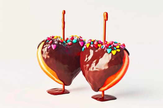 Two heart-shaped donuts stacked together, glazed with rich brown chocolate and adorned with colorful toppings. Light reflects beautifully off the chocolate, enhancing the appeal. Perfect for occasions like Fat Thursday, Valentine's Day, or a sweet gathering.