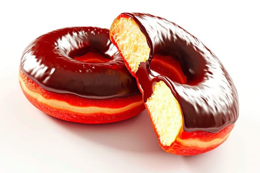 Two stacked donuts, covered in rich chocolate glaze with clean, even slices. A sweet treat ideal for celebrations, showcasing the art of fine pastry.