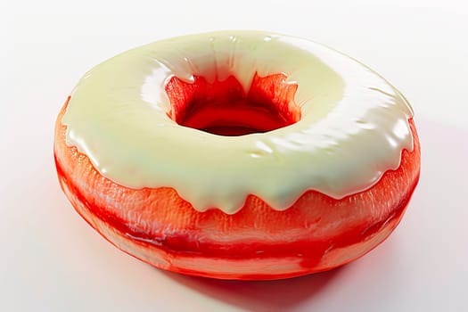 A fresh, round doughnut, slightly flattened with a central hole, topped with a smooth white chocolate glaze. The doughnut's side reveals a lighter stripe of dough, enhancing its traditional deep-fried texture. Captured in a close-up side view, the light reflecting off the white chocolate adds a touch of elegance.