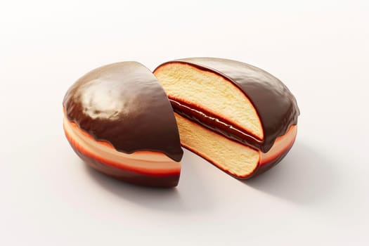 A perfectly sliced donut, coated in rich brown chocolate with shiny reflections, reveals a tempting liquid chocolate filling. This traditional deep-fried donut, a masterpiece of confectionery, is ideal for Fat Thursday, Valentine's Day, or any sweet gathering.