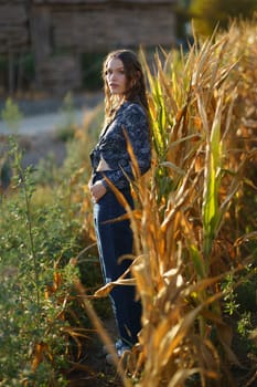 A young woman stands gracefully among tall golden corn stalks, fully embracing the warm glow of the sunset, vividly showcasing a serene rural lifestyle and its simple, beautiful joys