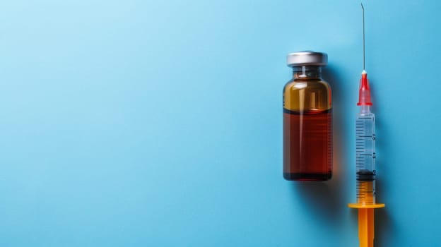 Vaccine bottle and syringe with broken needle on blue background, top view with space for text