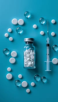Vaccine bottle and syringe on blue background with copy space, top view for text placement