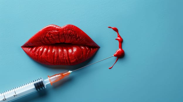 Top view of injection in human lips with syringe on blue background, copy space available