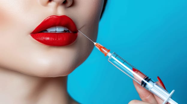 botox injection into lips with syringe on blue background, copy space available