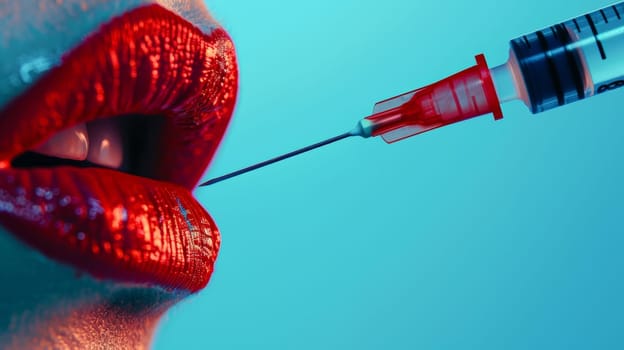 Top view of botox syringe injecting lips on blue background with ample space for text placement