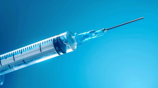 Syringe with Botox with blue background, space for text, beauty procedure concept