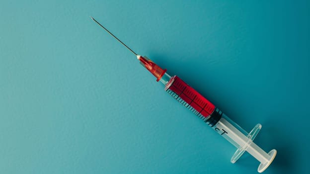 Syringe with Botox with blue background, space for text, beauty procedure concept