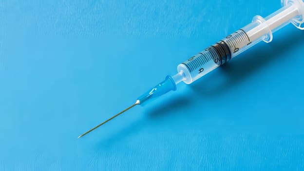 Syringe with Botox with blue background, space for text, beauty procedure concept