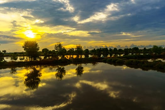 A breathtaking sunset casts golden hues over a tranquil pond near Mengare, Gresik, Indonesia. Silhouetted trees and clouds create a dramatic reflection on the water's surface.