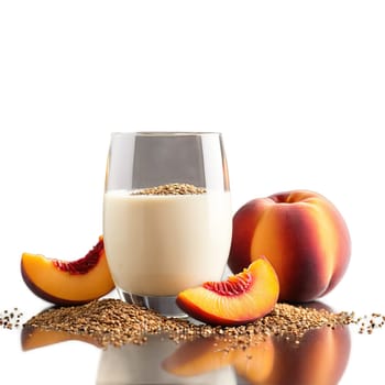 Flax milk in a glass tumbler served with a side of fresh peach slices and. Milk product isolated on transparent background