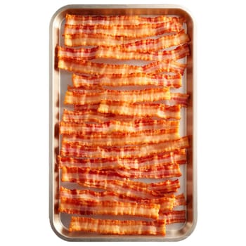 Bacon crispy strips in glass tray fat sizzling and glistening Food and Culinary concept. Food isolated on transparent background.