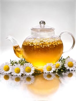 Chamomile tea glass teapot delicate white flowers steam rising soft light product hero shot. Drink isolated on transparent background.
