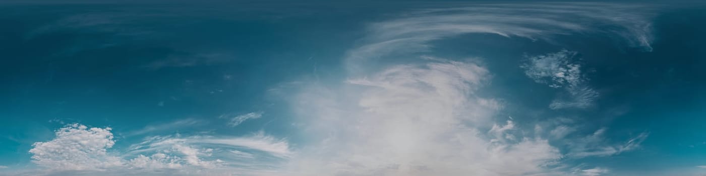 360 panorama of glowing sunset sky with bright Cirrus clouds. Seamless hdr spherical 360 panorama. Sky dome in 3D visualization, sky replacement for aerial drone panoramas. Weather and climate change.