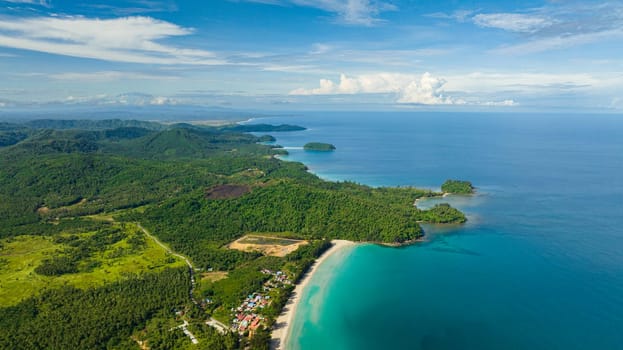 Aerial drone of island of Borneo with rainforest and mountains. The Tip of Borneo, Malaysia.