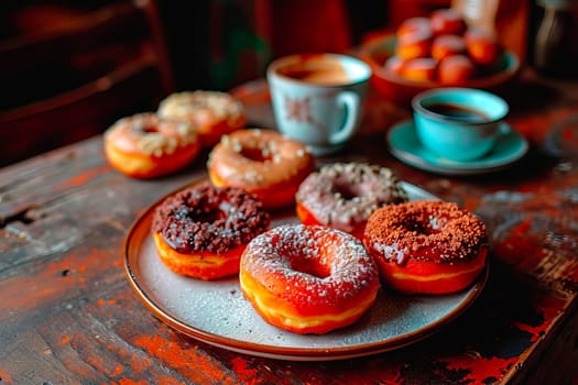 A cozy caf scene with doughnuts on a plate atop a wooden table. Cappuccino cups and more doughnuts in the background create a warm, inviting atmosphere. Ideal for Fat Thursday, a romantic date, or a friendly gathering.
