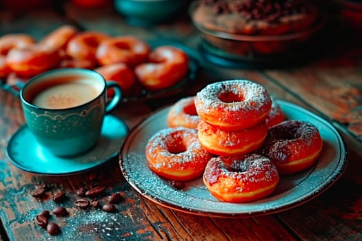 A rustic caf features powdered doughnuts on a polished wooden table with cappuccino cups in the background. Warm lighting enhances the inviting and cozy setting, perfect for sweet moments and relaxing breaks.