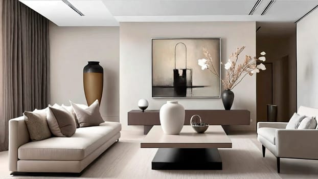 Minimalist modern living room interior design with fine objects decorations.Resource for designers and interior decorating magazines.Used for promotion of interior design projects.