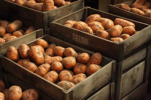 Wooden crates are filled with freshly harvested sweet potatoes, showcasing their rich color and texture. This display highlights the bounty of the autumn harvest.