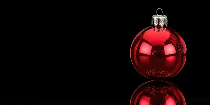 Elegant christmas glass ball ornament on reflective black background.