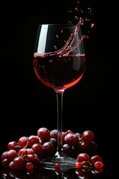A stemmed glass filled with pink liquid splashes as fresh grapes surround it, capturing a lively moment of refreshment and enjoyment.