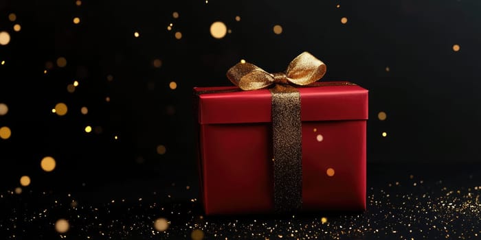 Black fridey gift box, red box on black background. High quality photo