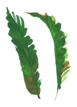 palm leaf painted in gouache with a dry brush isolated on a white background for the design of summer fabrics and other