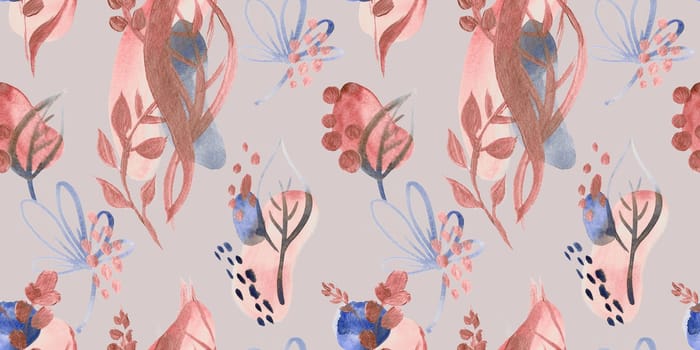 Seamless botanical pattern with gouache painted flowers and leaves flowers for textile design and autumn prints