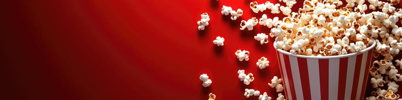 Colorful circus theme with striped popcorn bucket on vivid red background.