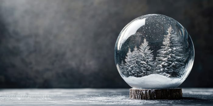 Winter wonderland in a glass ball with snow-covered fir trees on a dark background.