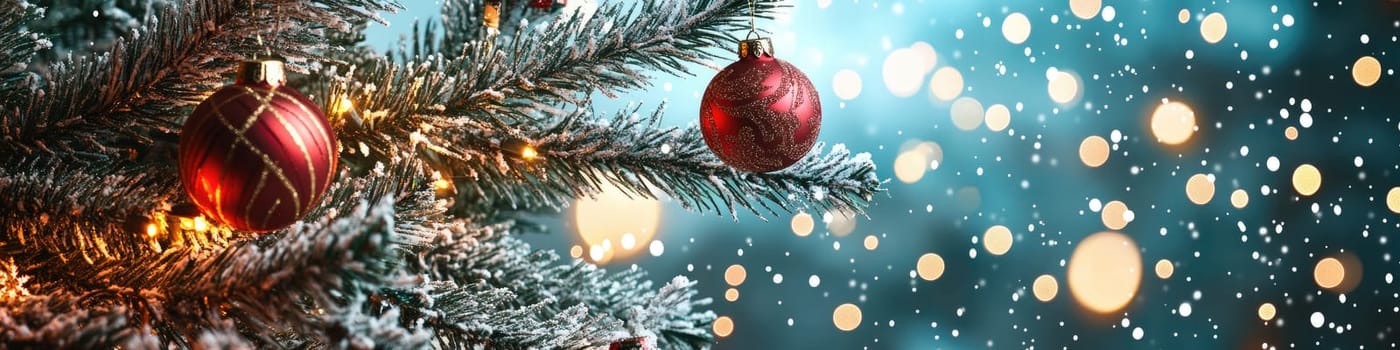 Festive christmas and new year background with snowy pine tree and baubles.