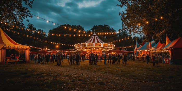 Enchanting circus evening with illuminated tents and carousel in a lively fairground scene.