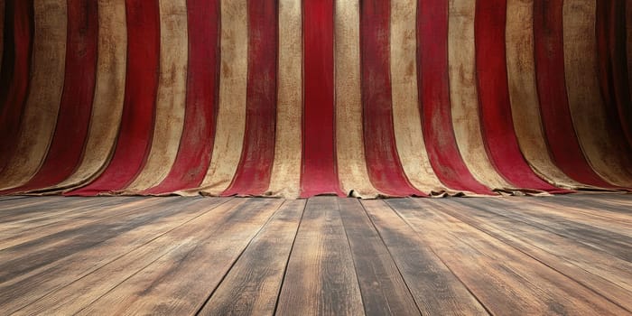 Vintage circus-themed background with striped drapes and wooden floor for creative designs.