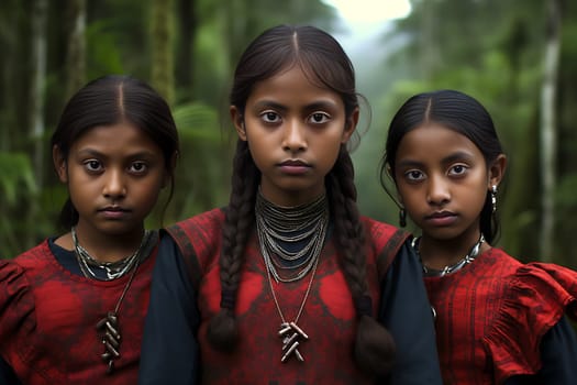 three indigenous girl sisters in red dresses from south america in the jungle of their country looking at the camera. columbus day. High quality photo