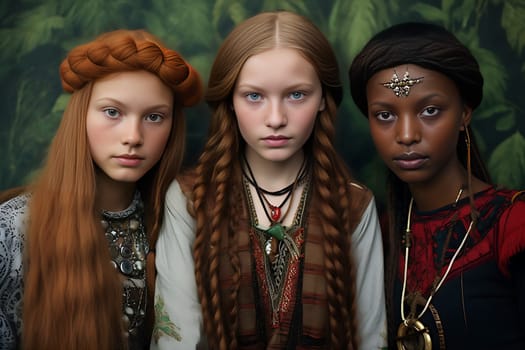 three multiracial indians, caucasian girl, afro and european redhead. looking at camera with serious face. columbus day. High quality photo