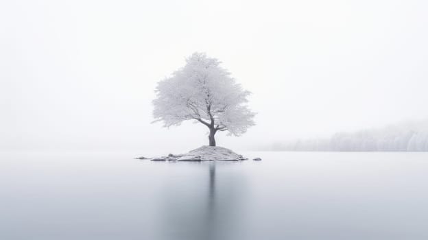 Lone lonely tree in winter snow and lake solitude, minimalist. Generative AI image weber.
